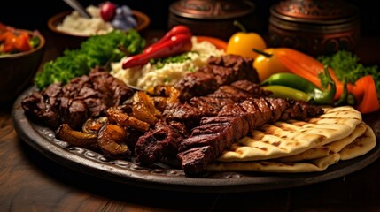 Arabic grilled arabic food dishes kebab, dolma, mansaf, shawarma Turkish and Arabic Traditional Ramadan Mix Vali Kebab Plate inside Adana, Urfa, Chicken, Lamb, Liver and Beef on bread on table