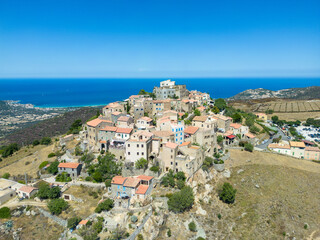 Aerial view of scenic Pietralta village in Corsica, France - 654747928