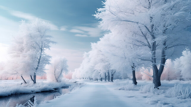 a snow covered field with trees,