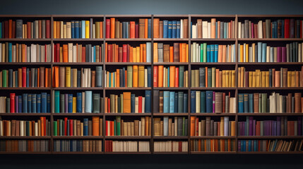 wooden shelves full of books - obrazy, fototapety, plakaty