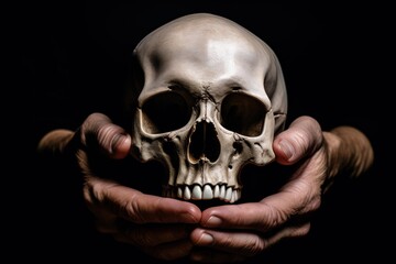Real skull held in isolated black background while hand touches it - Powered by Adobe