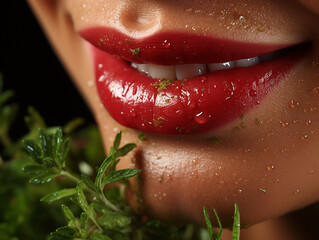Wunderschöne sexy rote Lippen mit Wassertropfen einer Frau mit Zähne und Salat Nahaufnahme, ai generativ - obrazy, fototapety, plakaty