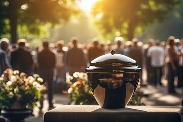 Sorrowful moment at funeral with people mourning bidding last farewell to person in urn - obrazy, fototapety, plakaty