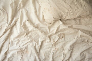 Stained white pillow with creased sheet dirty pillow on bed - obrazy, fototapety, plakaty