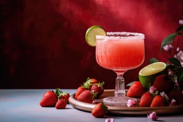 Strawberry Margarita tequila lime berries salt rim light shadows on beige pink background