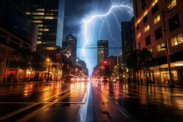Foto op Aluminium Vivid city scene during a storm at night with lightning and wet streets. Generative AI © Salma