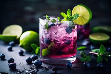 Summer blueberry mojito cocktail with rum mint lime ice bar tools gray background selective focus