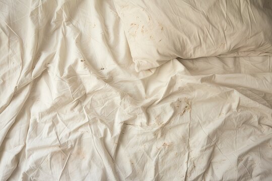 Stained white pillow with creased sheet dirty pillow on bed