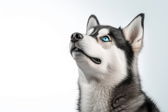 Studio photo of a beautiful well groomed Husky puppy with blue eyes looking to the right Symbolizes animal care health and beauty