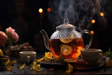 Tea brewing process hot water poured into tea leaves