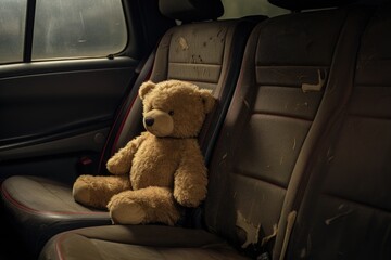 Teddy bear secured in car seat