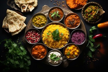 assorted indian cuisine on dark rustic background with traditional dishes and spices. square top view photo. Generative AI - obrazy, fototapety, plakaty