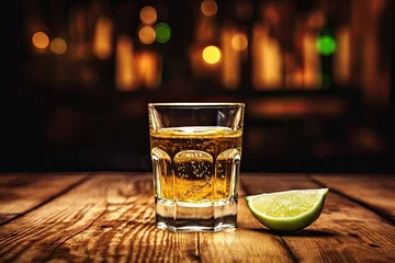 Fotobehang Tequila shot in a glass on a wooden table Blurry background Rustic bar vibe © The Big L