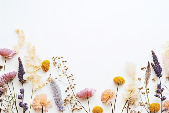 Text space available for beautiful fresh and dry flowers on a white background in a flat lay