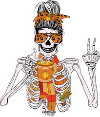 Thanksgiving Messy Bun Skeleton Drinking Coffee with peace hand. Skeleton holding a coffee cup Fall Autumn