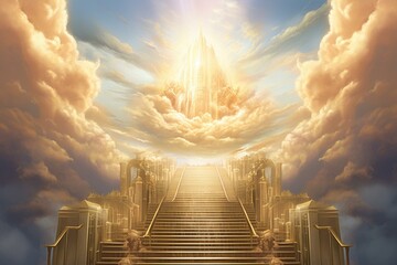 Golden light shines through a heavenly gate, illuminating a stairway to paradise. Generative AI