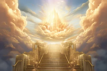 Foto op Plexiglas Golden light shines through a heavenly gate, illuminating a stairway to paradise. Generative AI © Zephyr
