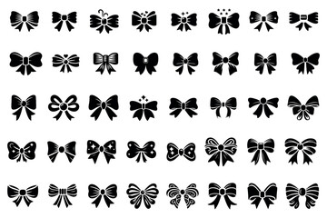 Gift bow, decorative ribbon decorations for the holiday, black silhouette on a transparent background vector stencil set
