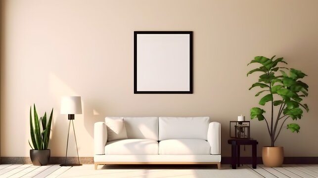 living room mockup blank white wooden picture frames