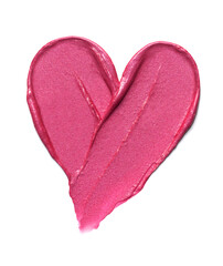 Pink lipstick shimmering texture in heart shape, texture stroke isolated on white background....