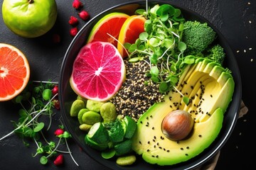 Top view of a vegan Buddha bowl with quinoa micro greens avocado blood orange broccoli watermelon radish and alfalfa sprouts Copy space