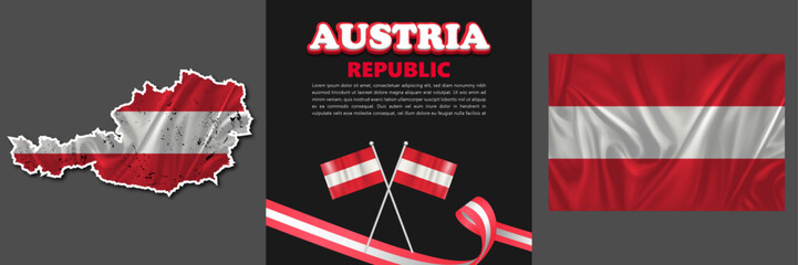 Austria editable text effect, 3d map, vintage flag waving, ribbon set on black background.
