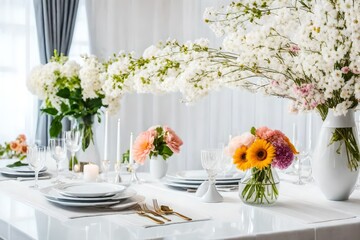 Various images of a decorated white dining table in a bright surroundings with flowers and a flower vase. - Powered by Adobe