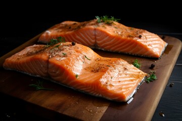 Salmon fillets seasoned with salt and black pepper. Generative AI