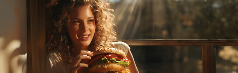 Hübsche Frau hält super großen Hamburger und lacht in der Hand Poster, ai generativ - obrazy, fototapety, plakaty
