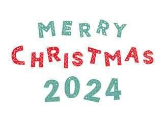 Merry Christmas 2024 lettering blue and red in cut paper and scrapbooking style with New Years Christmas ornament, winter design element. Vector illustration