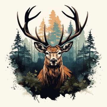 recommend clip art: Deer head with antlers in the forest with sun. Vector illustration. t shirt design