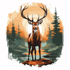 Deer head with antlers in the forest with sun. Vector illustration. t shirt design