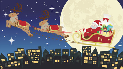 クリスマスの夜に星空の中をトナカイのソリで飛ぶサンタクロースのベクターイラスト - obrazy, fototapety, plakaty