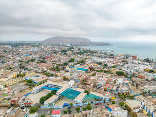 Aerial view of the Barranco neighborhood in Lima, Peru in 2023. Spanish colonial style historic buildings. Neighborhood with new houses and also many houses degraded by time. Gastronomic region