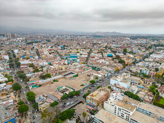 Aerial view of the Barranco neighborhood in Lima, Peru in 2023. Spanish colonial style historic buildings. Neighborhood with new houses and also many houses degraded by time. Gastronomic region 