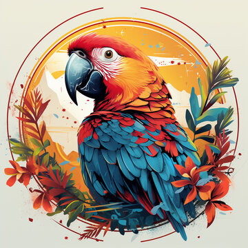 Parrot with flowers. Vector illustration for tattoo or t shirt design