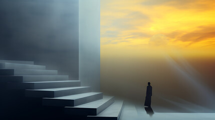 Psychic waves concept. Sun through clouds, silhouette, stairs.