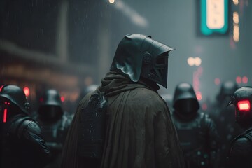 screenshot futuristic 2022 film of communist guerillas in the deser fighting the government futuristic armor in display and red banners being hold hyperrealistic realistic cinematic shot in the rain  - obrazy, fototapety, plakaty
