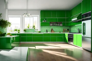 Kitchen corner, counter, and bar in green and white