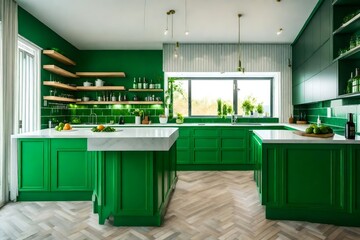 Kitchen corner, counter, and bar in green and white