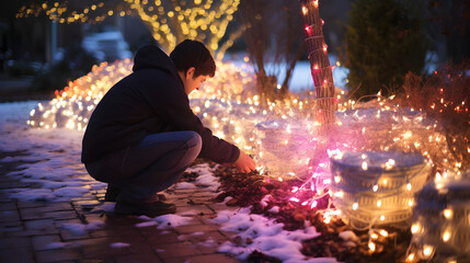 Person arranging and lighting up outdoor holiday lights