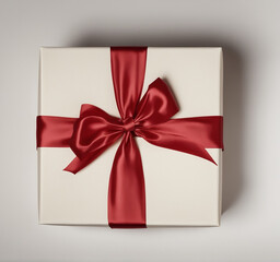 Off white gift box with red ribbon: Christmas gifts