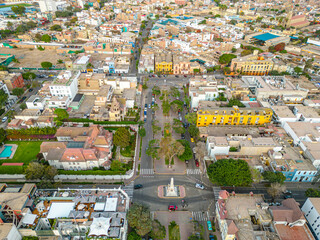 Aerial view of the Barranco neighborhood in Lima, Peru in 2023. Spanish colonial style historic buildings. Neighborhood with new houses and also many houses degraded by time. Gastronomic region 