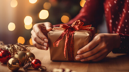 Christmas gift wrapping with an image of hands carefully wrapping and tying ribbons - obrazy, fototapety, plakaty