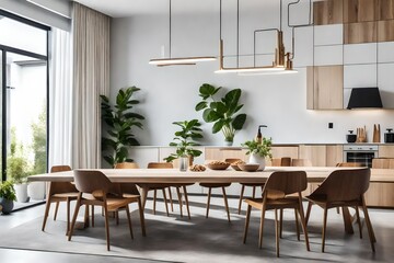 Interior design of a trendy dining room with a family hardwood table, modern seats, a plate with nuts, salt and pepper shakers.