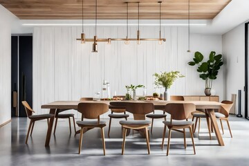 Interior design of a trendy dining room with a family hardwood table, modern seats, a plate with nuts, salt and pepper shakers.