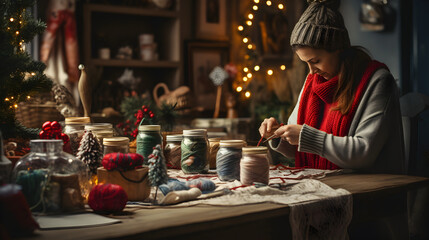 Fototapeta na wymiar Woman knitting a wool scarf on Christmas night.