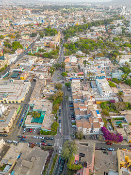 Aerial view of the Barranco neighborhood in Lima, Peru in 2023. Spanish colonial style historic buildings. Neighborhood with new houses and also many houses degraded by time. Gastronomic region 