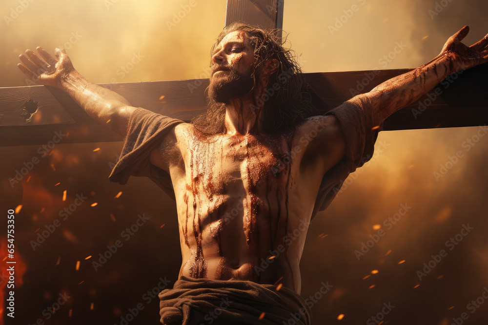 Wall mural image of jesus christ on the cross, conveying sacrifice, salvation