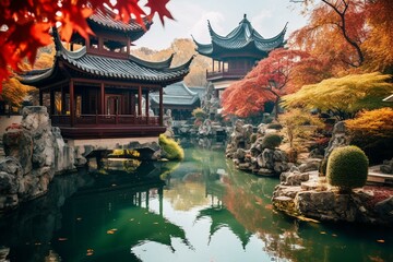 Scenic fall view of a historic Chinese city with Zen vibes. Generative AI